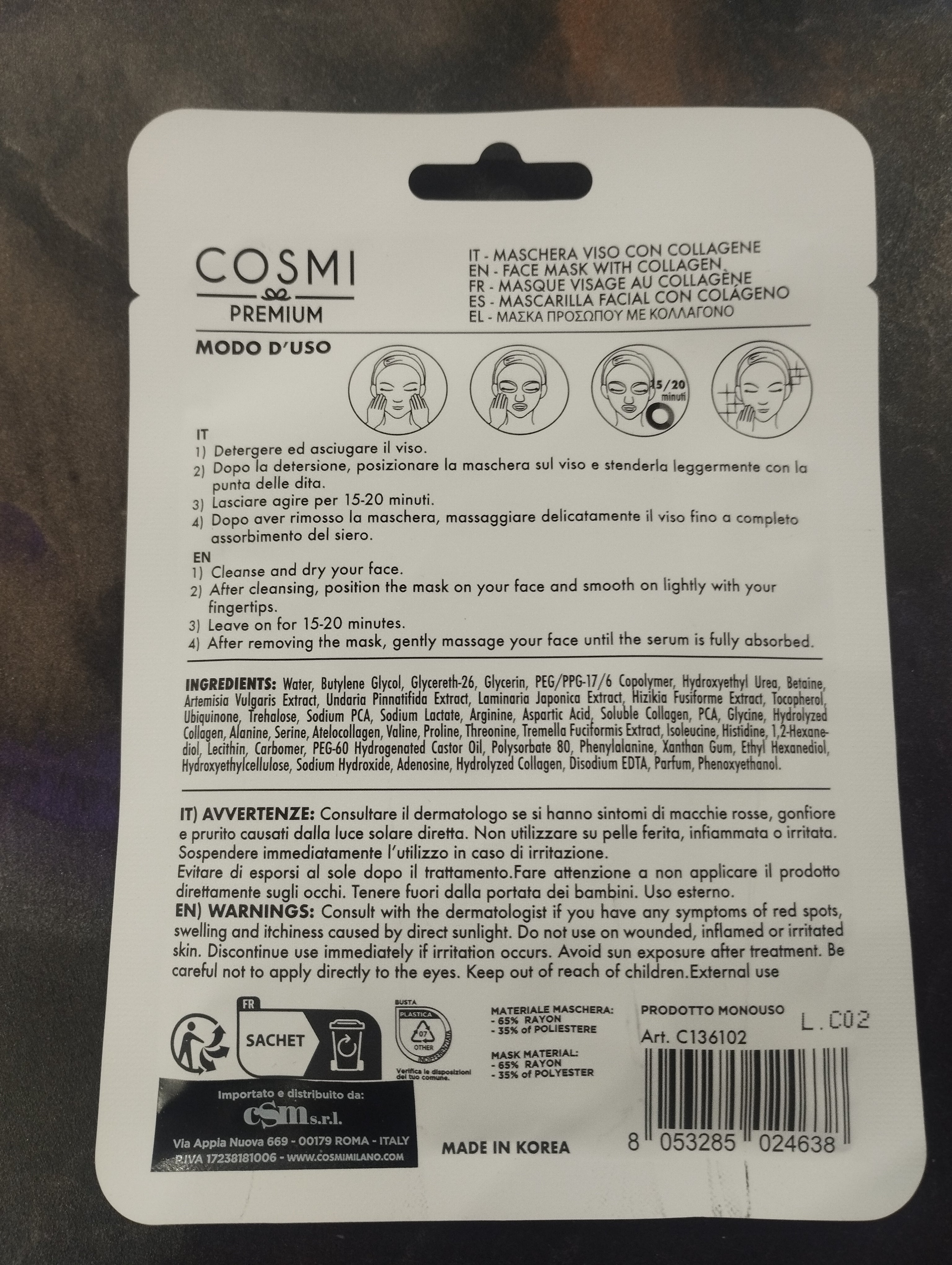 Maschera viso collagene