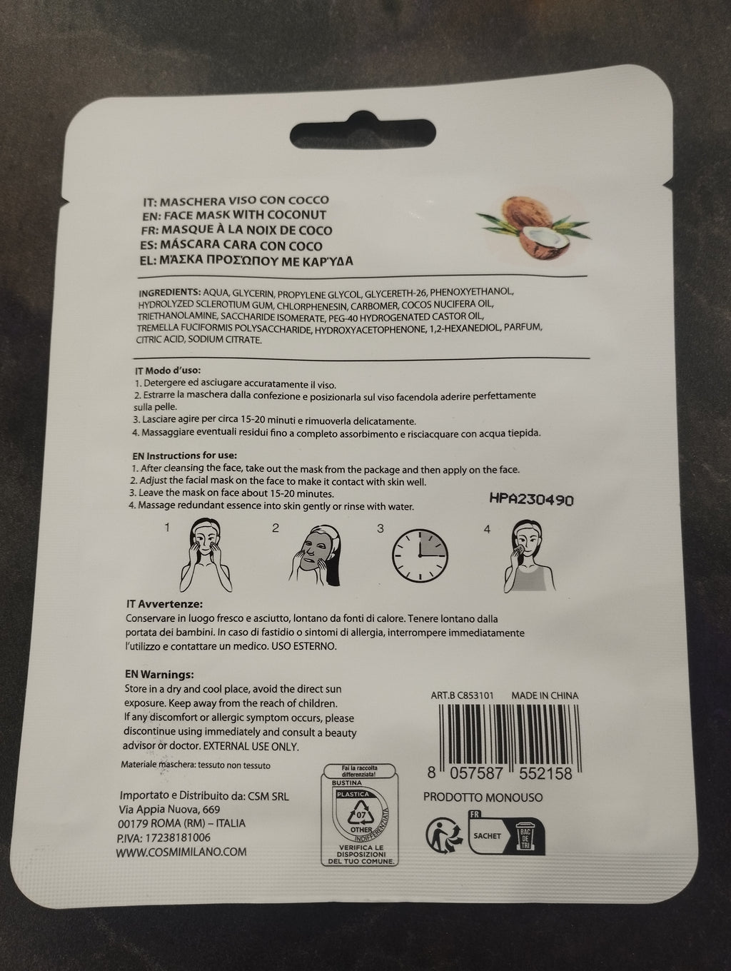 Maschera viso al cocco