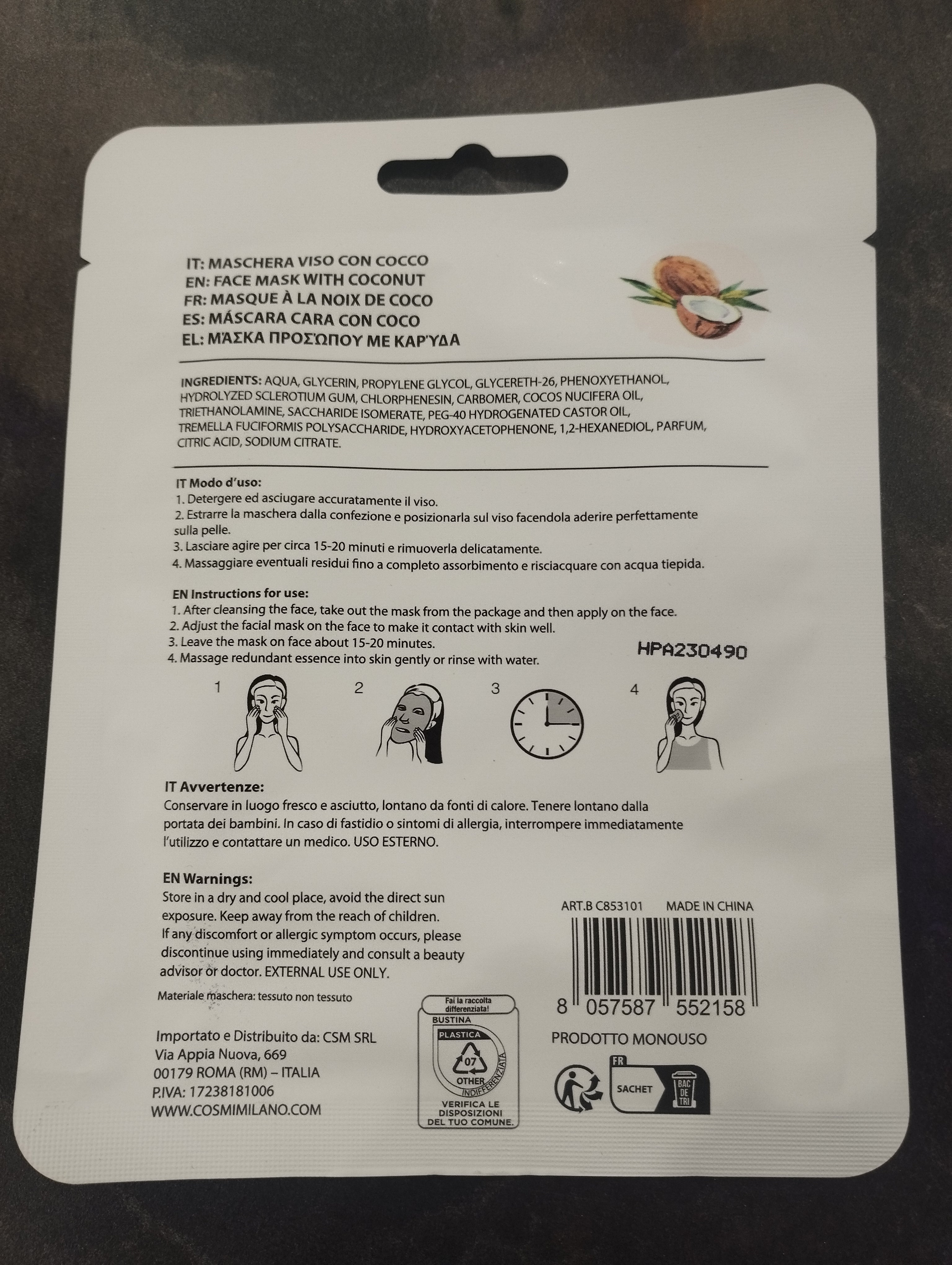 Maschera viso al cocco