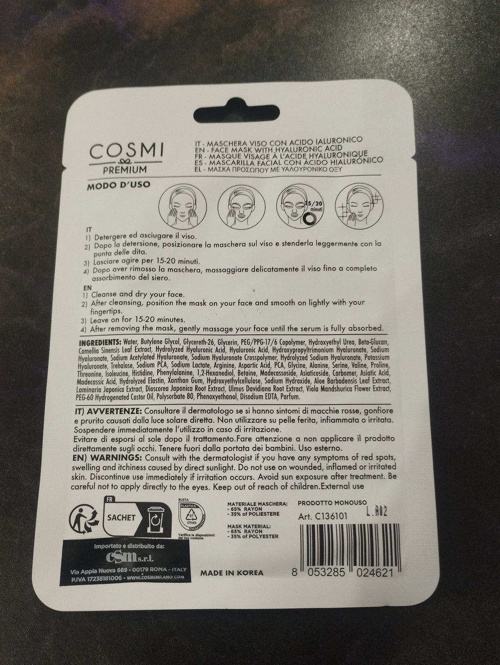 Maschera viso acido ialuronico