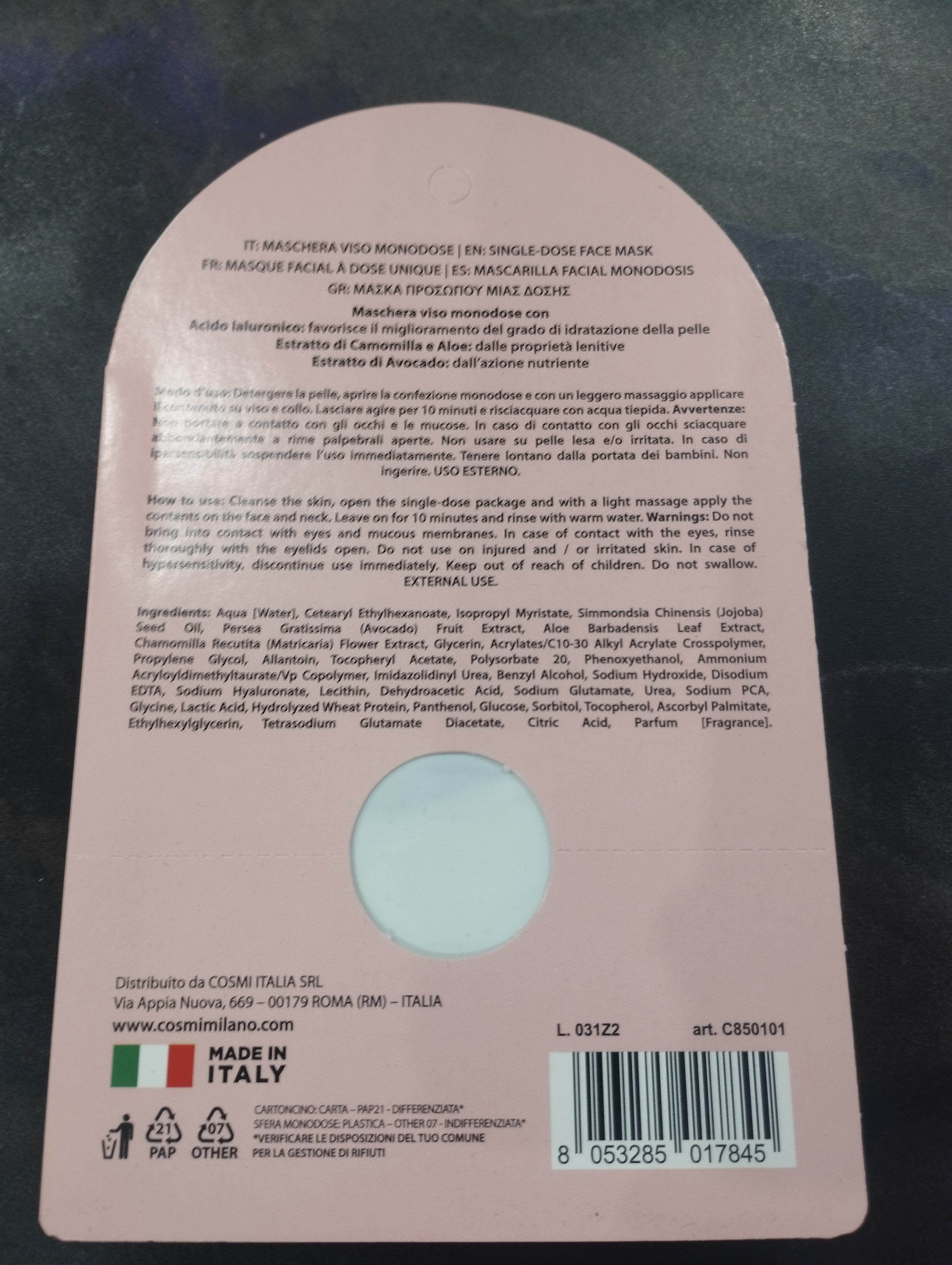 Maschera viso idratante